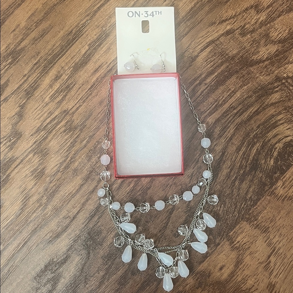 Silver and White Rose Beaded Necklace Set, earrings and necklace, good condition